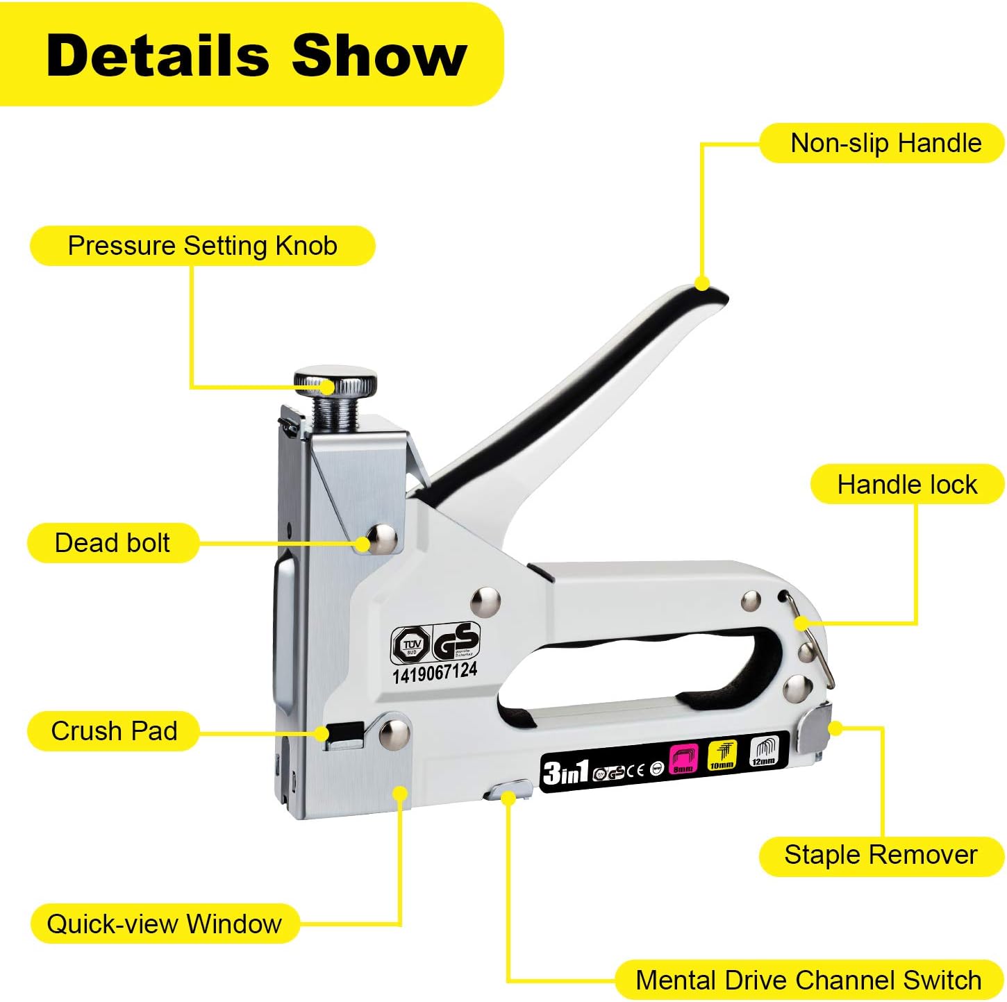 WETOLS Staple Gun, Heavy Duty Staple Gun, 3 in 1 Manual Nail Gun with 2400 Staples(D, U and T-Type), for Upholstery, Material Repair, Carpentry, Decoration, Furniture, DIY - DY808 - - 