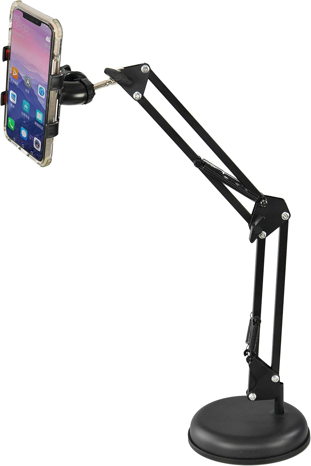 HOME-X Desktop Telescopic Phone Stand, Adjustable Height and Weighted Base, Universal Phone Clip and Flexible 360-Degree Rotation, Black, 6” D adjusts from 10” – 24” H
