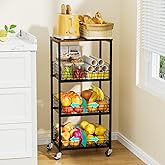HapiRm Kitchen Fruit Vegetable Cart - 4 Tier Rolling Storage Rack with Wheels and Dividers, Coffee Station Cart Rack Shelf Organizer for Onion, Potato, Snack, Fruit, Vegetable Storage Stand, Black