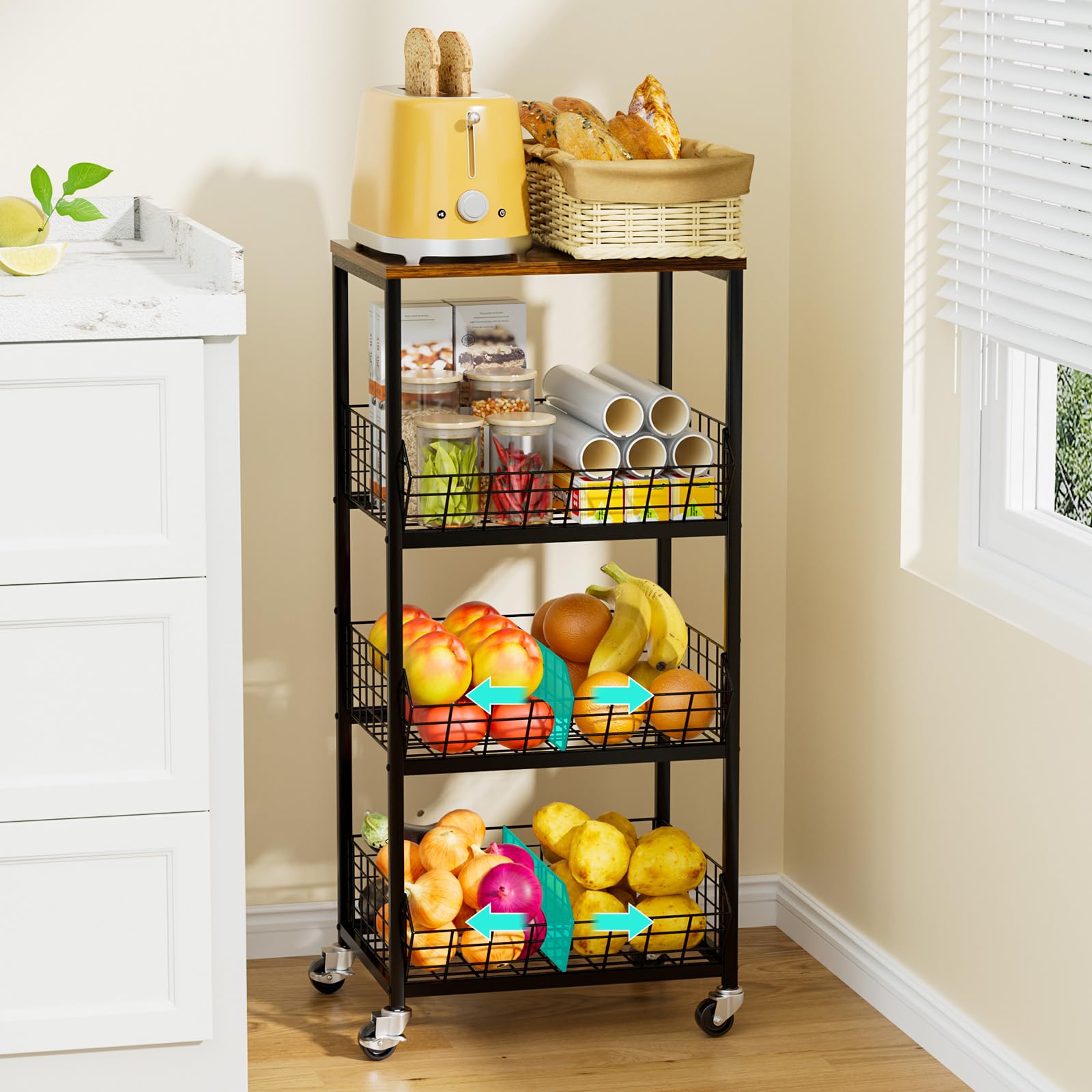 Photo 1 of HapiRm Kitchen Fruit Vegetable Cart - 4 Tier Rolling Storage Rack with Wheels and Dividers, Coffee Station Cart Rack Shelf Organizer for Onion, Potato, Snack, Fruit, Vegetable Storage Stand, Black