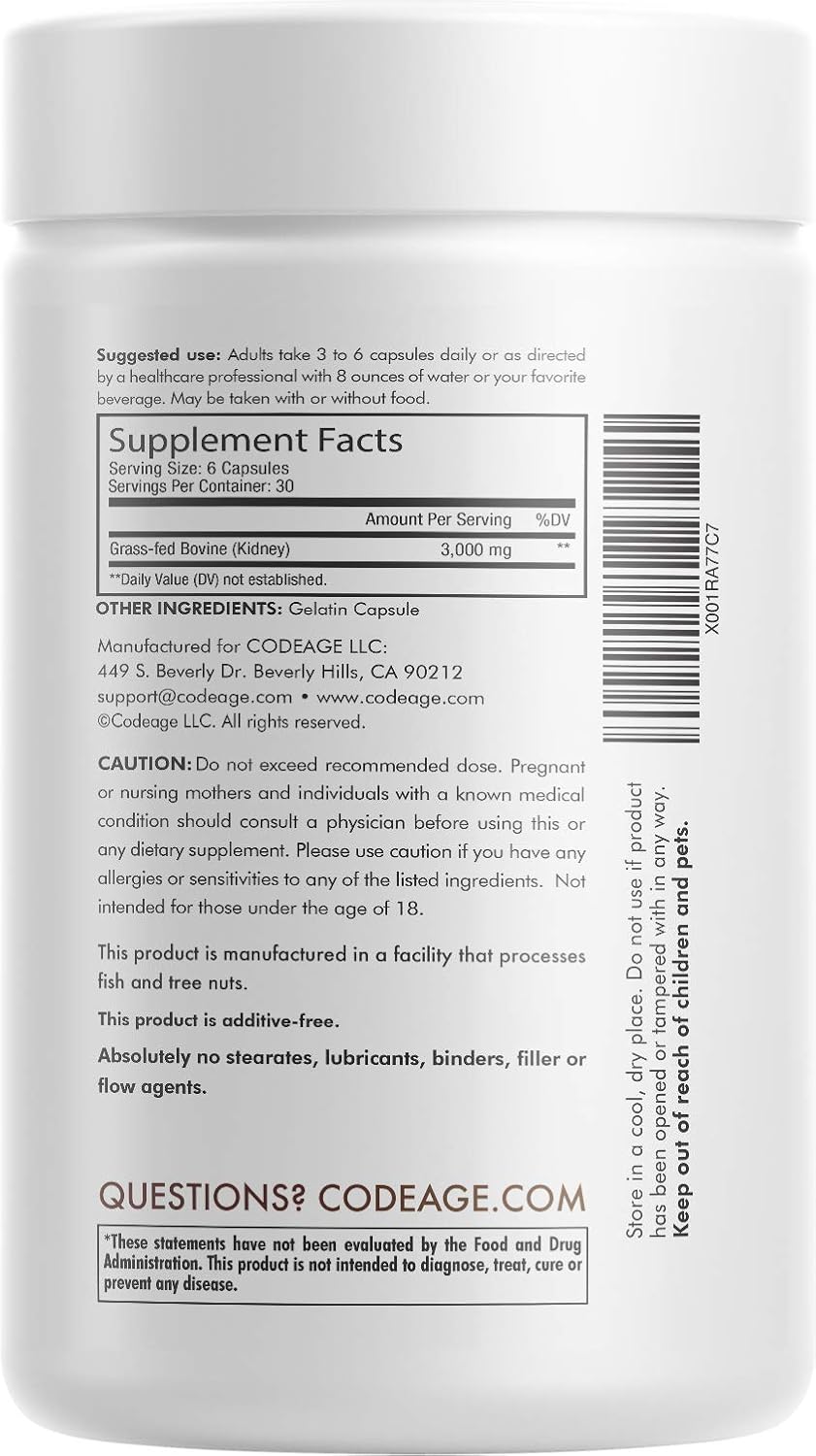 Codeage Grass Fed Beef Kidney Supplement - Freeze Dried, Non-Defatted, Desiccated Beef Kidney Glandulars Nutrition Bovine Pills – Pasture Raised Beef Vitamins for Kidney - Non-GMO -180 Capsules: Health & Personal Care