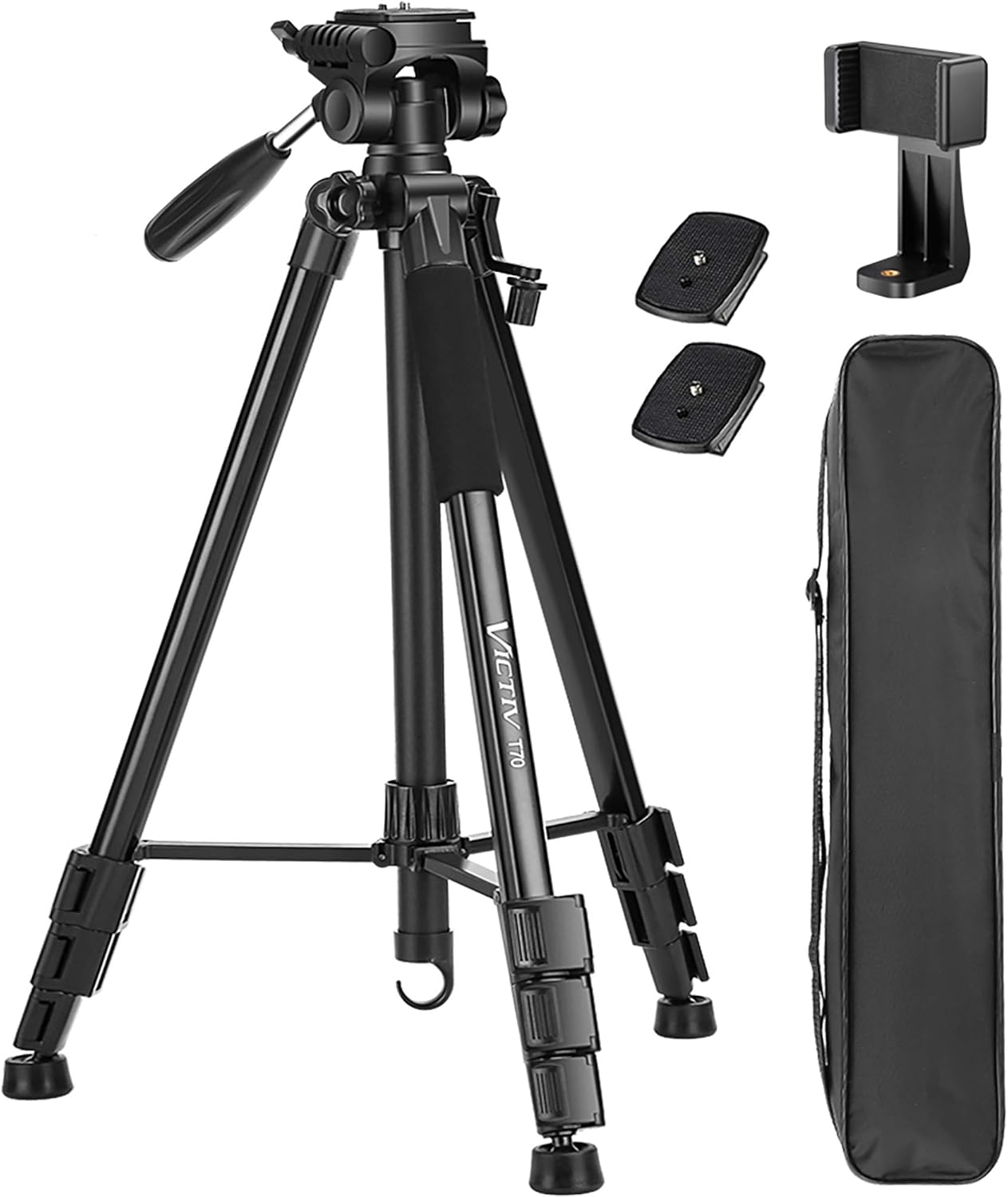 VICTIV 72 inch Aluminum Camera Tripod Loads Up to 11.6lbs, Lightweight Travel Tripod for DSLR with Extra Quick Release Plate and Pan Head Plus Phone Holder Compatible with iPhone/Android (T70) : Camera & Photo