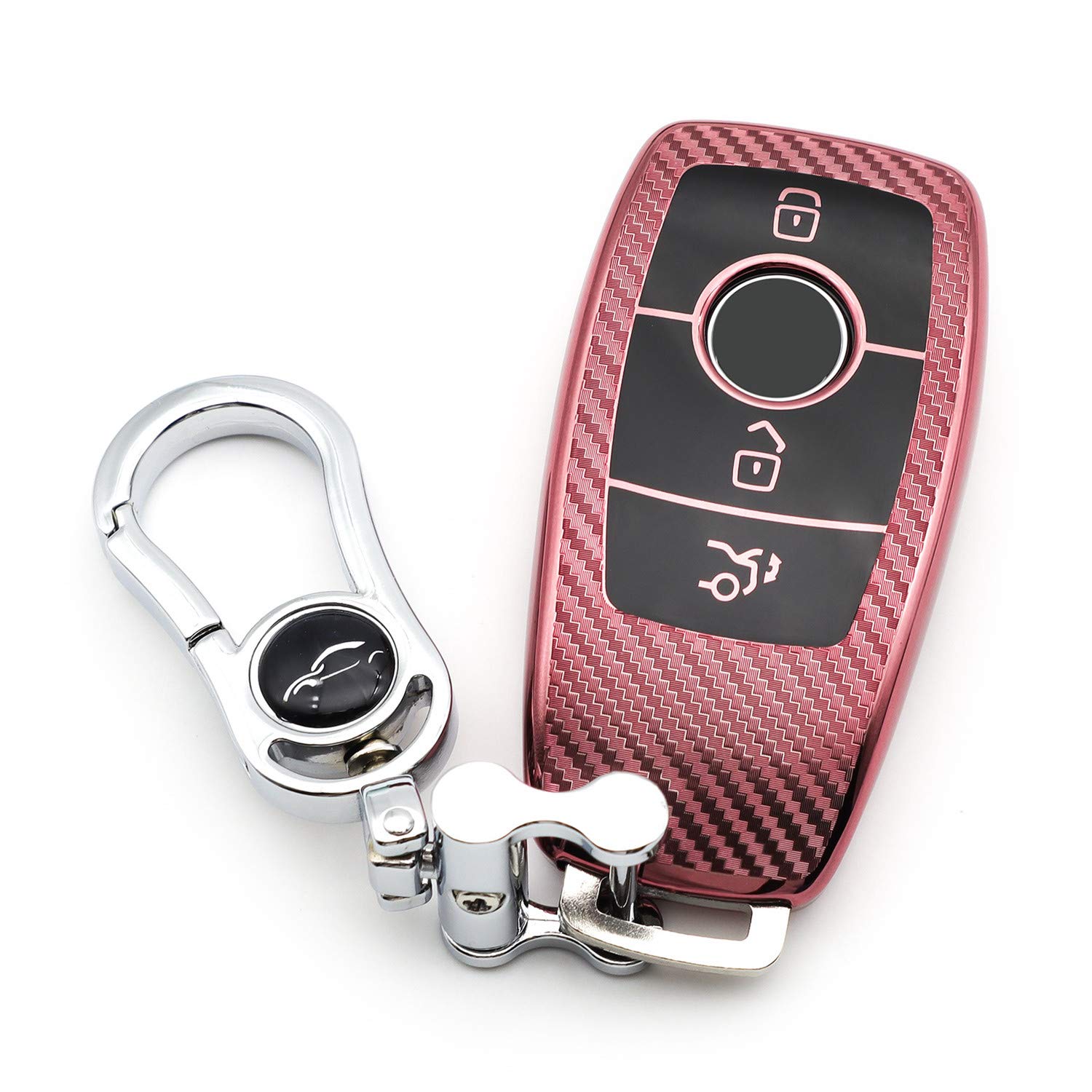 MJVisun Soft Carbon Fiber Key Fob Cover For Mercedes-Benz A, C, G, E, S Class - Electroplated TPU Case With Metal Keychain - Pink