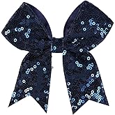 Glitter Cheer Bow Clip - 5 Inch Sequin Hair Bow with Tails for Girls Teen Softball Cheerleader Outfit Uniform-navy blue