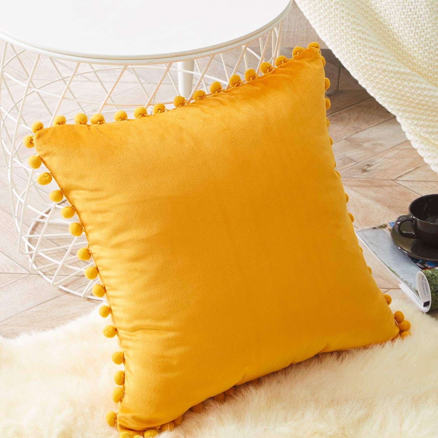 Top Finel Decorative Throw Pillow Covers with Pom Poms Soft Particles Velvet Solid Cushion Covers 20 X 20 for Couch Bedroom Car, Pack of 2, Mustard Yellow: Home & Kitchen