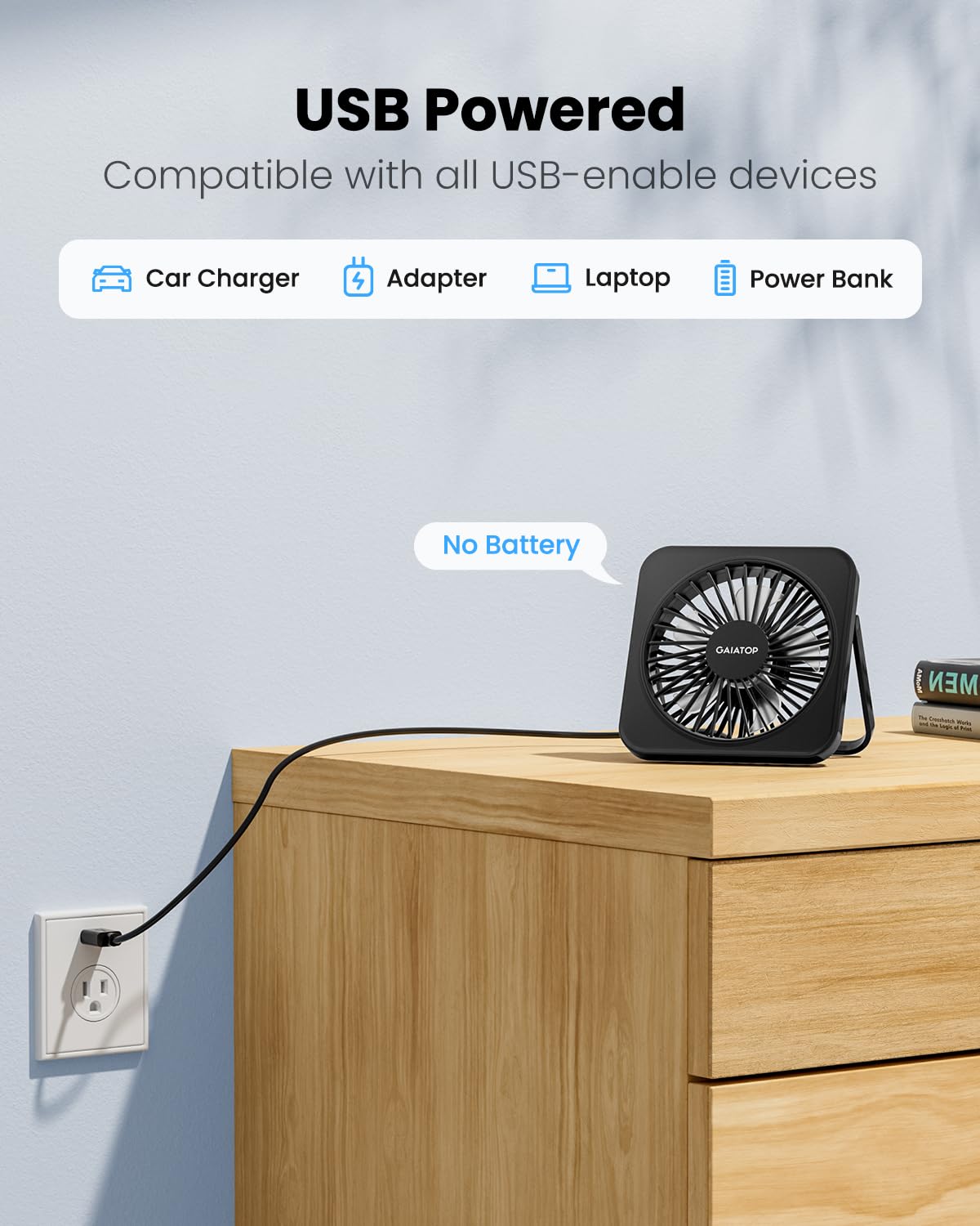 Gaiatop USB Desk Fan, 5 Inch Small Portable Table Desktop Fans with Strong Wind Ultra Quiet 3 Speeds and 180° Tilt Folding, Mini Personal Cooling Essentials For Office Home Bedroom Dorm Kitchen Black