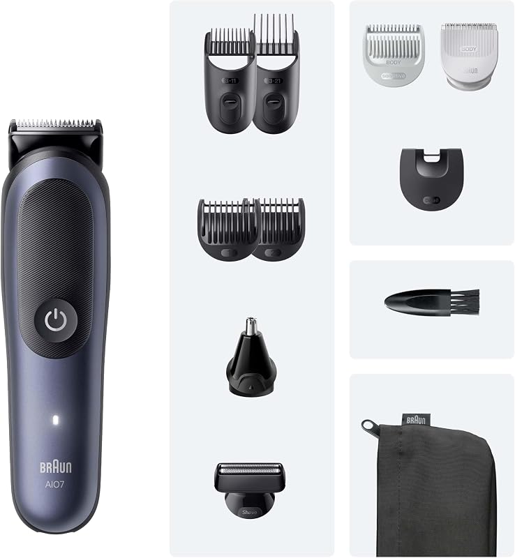 Serie 7 Kit multifuncional para el cuidado corporal, 11 en 1, ProBlade y AutoSense, 120 min, SkinGuard y Sombra de Barba, AquaGrip para Uso Submarino, AIO7540, Azul
