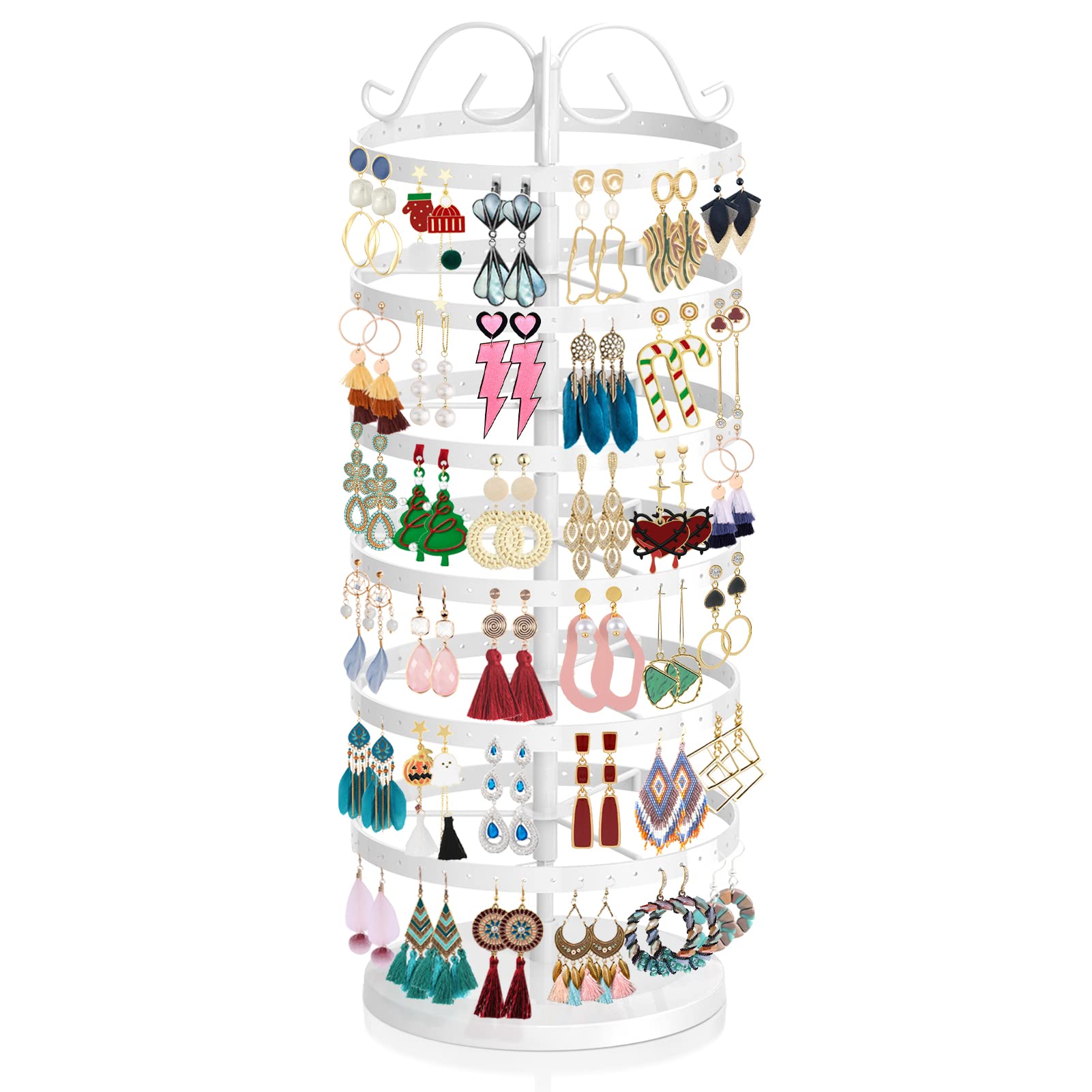 iDavosic.ly 6 Tier Metal Rotating Earring Holder Organizer, 264 Holes Earring Storage Display Tower Rack, Adjustable Earring Tree Organizer for Women (White)