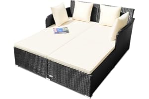 Salches, Outdoor Rattan Daybed, Patio Loveseat Sofa Set w/Comfortable Cushions, Extra Pillows & Metal Foot, Sunbed Wicker Furniture for Yard/Poolside/Living Room/Garden/Porch, White