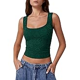 QINSEN Women's Lace Trim Square Neck Sleeveless Double-Layer Tank Top