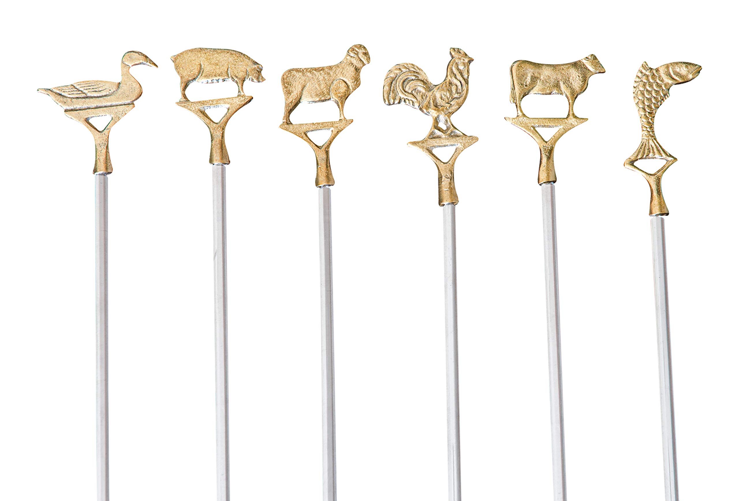 JD Europe Stainless Steel 12pcs BBQ Skewers Set with Animal Shape Brass Handles