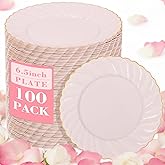 YOUBET 100 Pack Pink Scalloped Plastic Plates - 6.5 Inch Pink Disposable Plates - High End Elegant Vintage Dessert Plate for Party & Weeding & Birthday Valentines Day