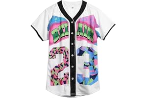 Amzdest 90s Clothing for Women,Unisex Hip Hop Outfit for Party,Bel Air Baseball Jersey,Short Sleeve Button Down Shirt