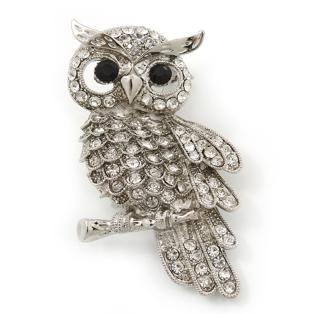 Rhodium Plated Crystal Owl Brooch - 40mm Length