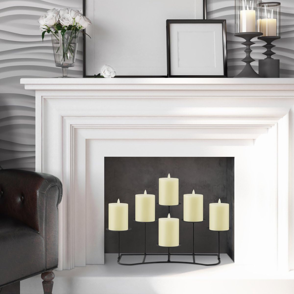 smtyle DIY 6 Fireplace Candle Candelabra Candleholder Mantle Decor for Flameless or Wax Pillar Candles Stand with Black Iron Decoration on Desk or Floor: Home & Kitchen