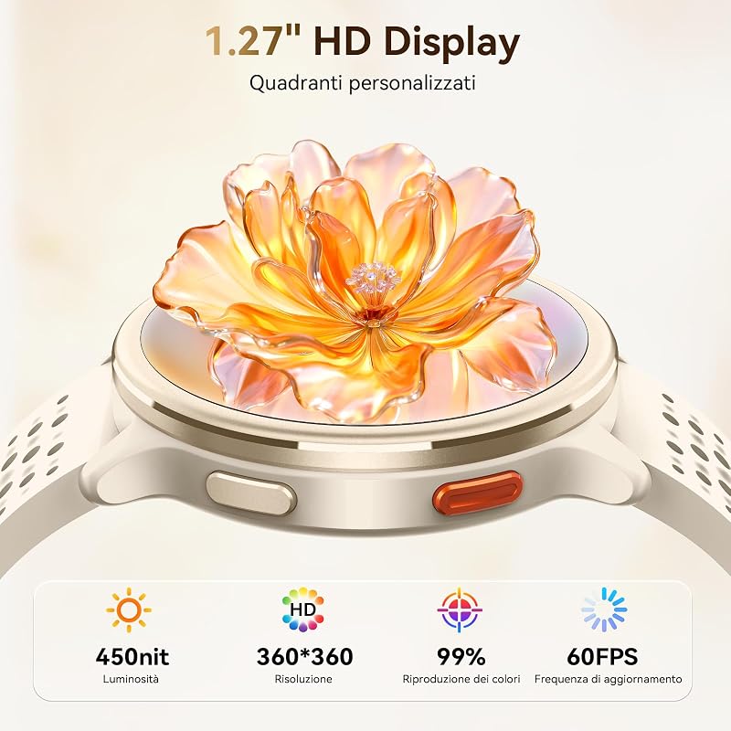 Smartwatch Donna 1.27'' Orologio Uomo Rotondo con 2 Cinturini,120+ Modalità Sportive, Corsi di Ginnastica 3ATM Monitoraggio Salute e Sonno Contapassi Fitness Watch per Samsung/Android/iPhone Albicocca — foto 4 di 8