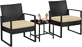 Yaheetech 3-Piece Rattan Garden Set 2 Chairs Table Black Khaki Cushions