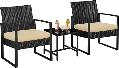 Yaheetech 3-Piece Rattan Garden Set 2 Chairs Table Black Khaki Cushions