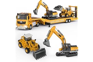 Pupu Pig Kids Toys for 3 4 5 6 7 Years Old Boys, Die-cast Construction Toys Set w/Semi Truck, Excavator, Bulldozer, Alloy Engineering Construction Vehicles Truck Toys w/Lights & Sounds, Model Cars