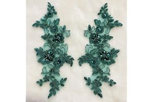 Zbroh Fine Lace Fabric Patches Embroidered Rhinestones Trim Applique Decor Dress Decoration sew on Sequins Beads Accessory one Pair (Green)