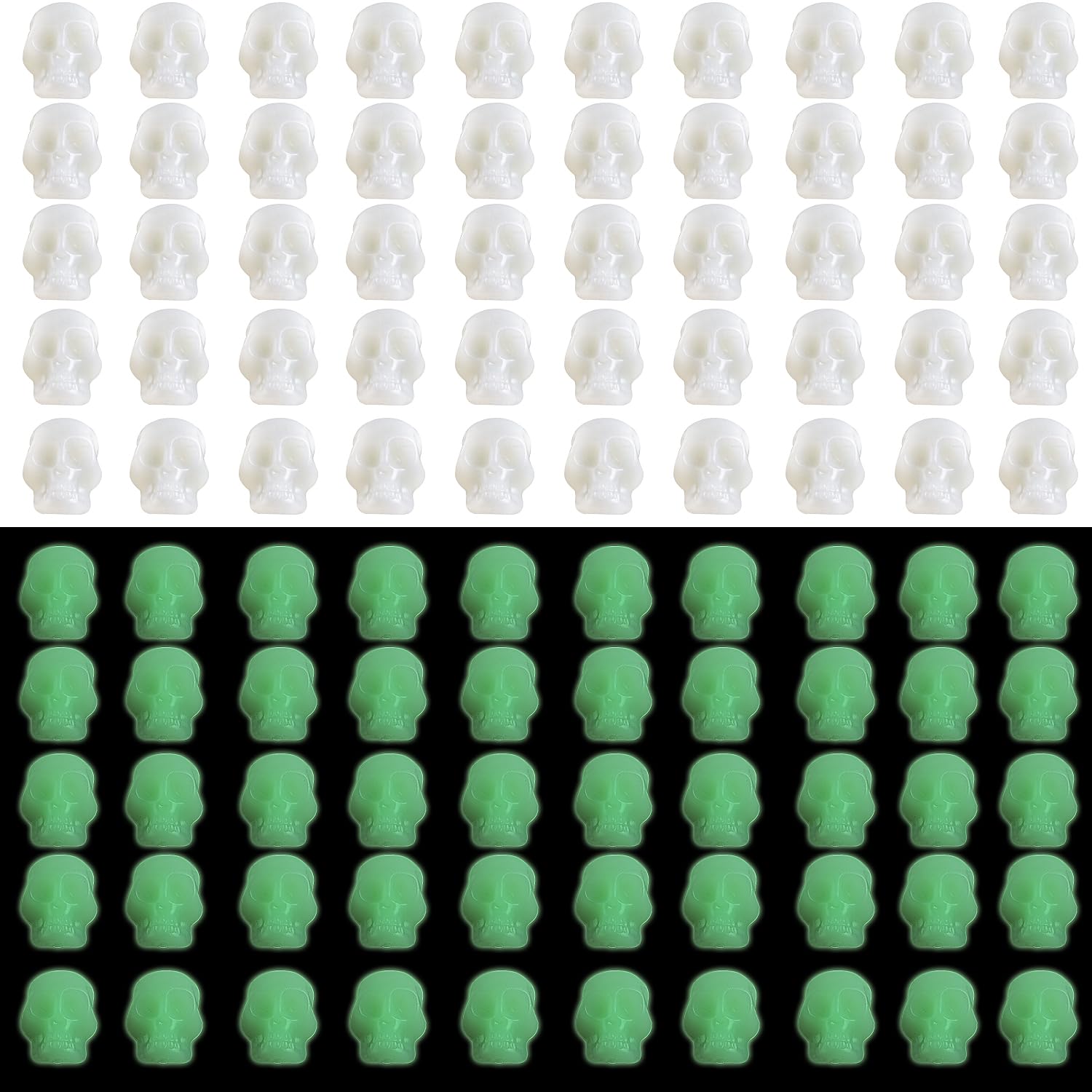 Photo 1 of KIMOBER 100PCS Luminous Mini Skulls Heads Miniature Figurines,Glow in Dark Small Plastic Halloween Skeleton Prank Props for Party Decorations(Luminous)