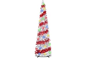 PINKSWAN 5Ft Pop Up Christmas Tree with Lights, Collapsible Pencil Tree Red Sliver, Skinny Christmas Tree Slim Xmas Tree, Artificial Tinsel Tree Foldable for Home Apartment Holiday Party Winter Decor