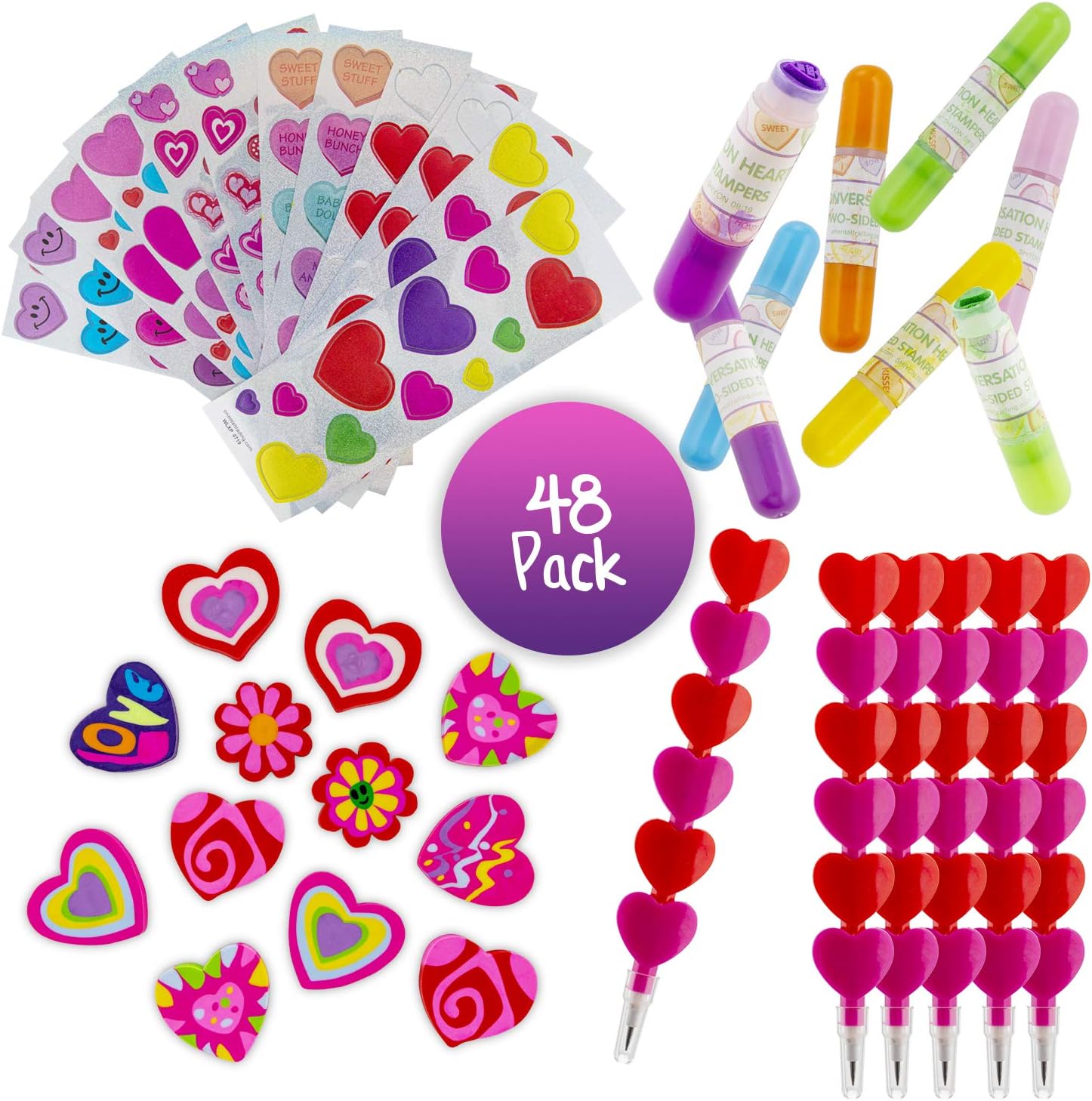 FAVONIRValentines Party Favors for Kids 48 Pack - Valentine's Day Classroom Favor Set with Colorful Stickers, Cute Heart-Shaped Stacking Pencils, Erasers, and Stampers - Class Prizes for Boys & Girls