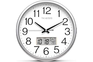 TIMESS Wall Clock, 13 Inch Non-Ticking Silent Battery Operated Quartz Analog with LCD Display for Perpetual Calendar and F° Temperature, Ideal Modern Home, Bedroom, Kitchen, Office Décor (Sliver)