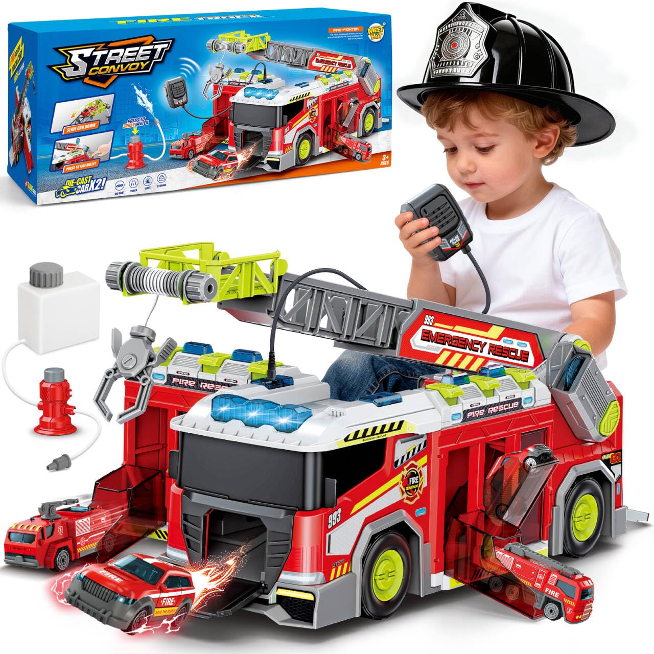 deAO Fire Engine Toys Set for Kids, Fire Truck Playset with Sound & Light, Rescue Ladder, Crane, Water Spray and Interphone, City Car Toys with 6 Mini Vehicles for Toddlers Boys 3 4 5 6+ Years Old