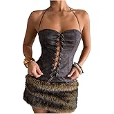 Verdusa Women's Leather Lace Up Halter Top Vintage Going Out Corset Tops Rave Outfits