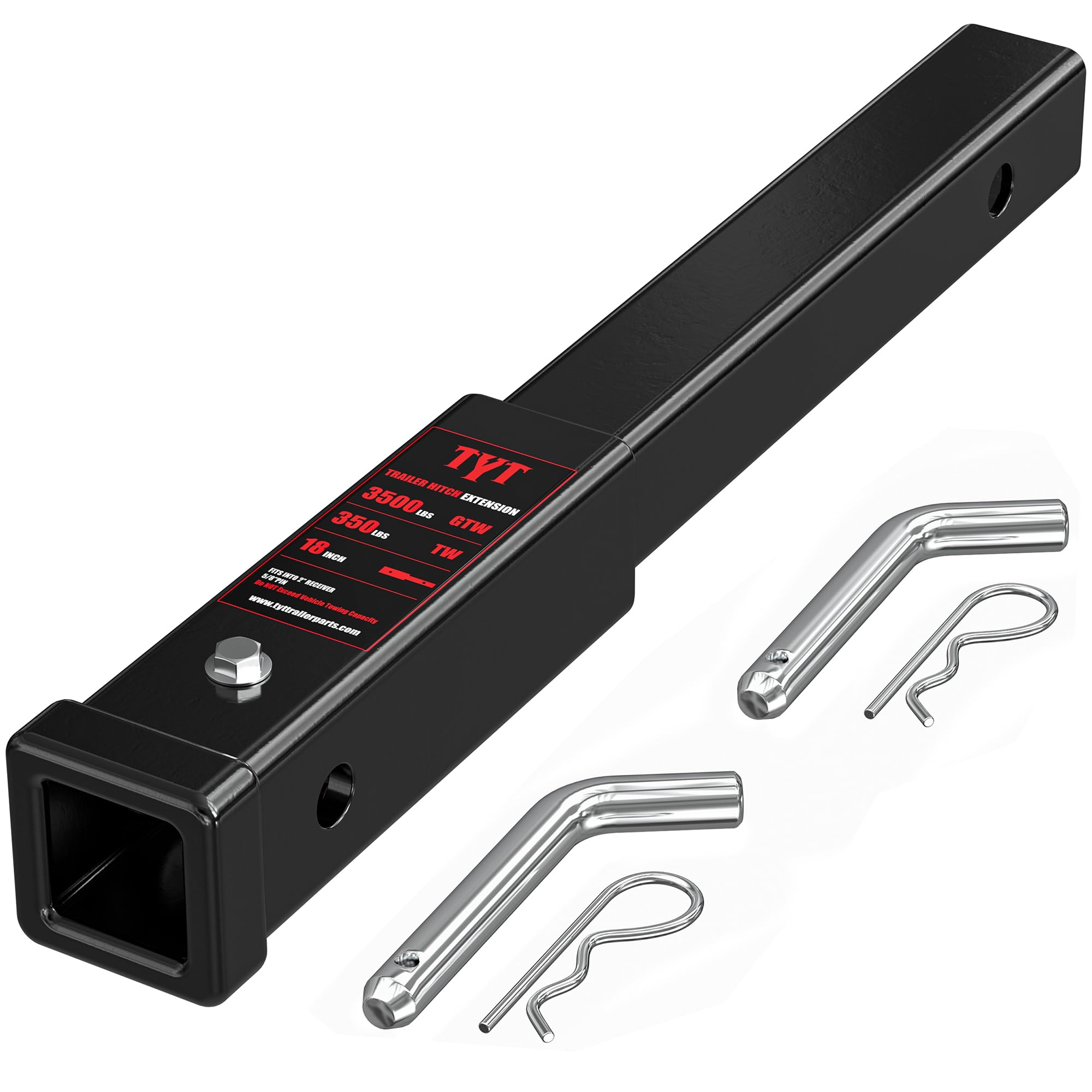 TYT 18" Trailer Hitch Extension, Fits 2 inch Receiver Tube,with 5/8" Advanced Hitch Pin 2-Pack, 3500 lbs GTW / 350 lbs TW Image