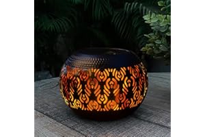 PEARLSTAR Solar Table Light Outdoor Waterproof - Solar Powered LED Lamp Dancing Flickering Flame,Hollowed-Out Black Peacock Feather Metal Desktop Decorative Lantern for Desk Patio Garden Pathway Yard