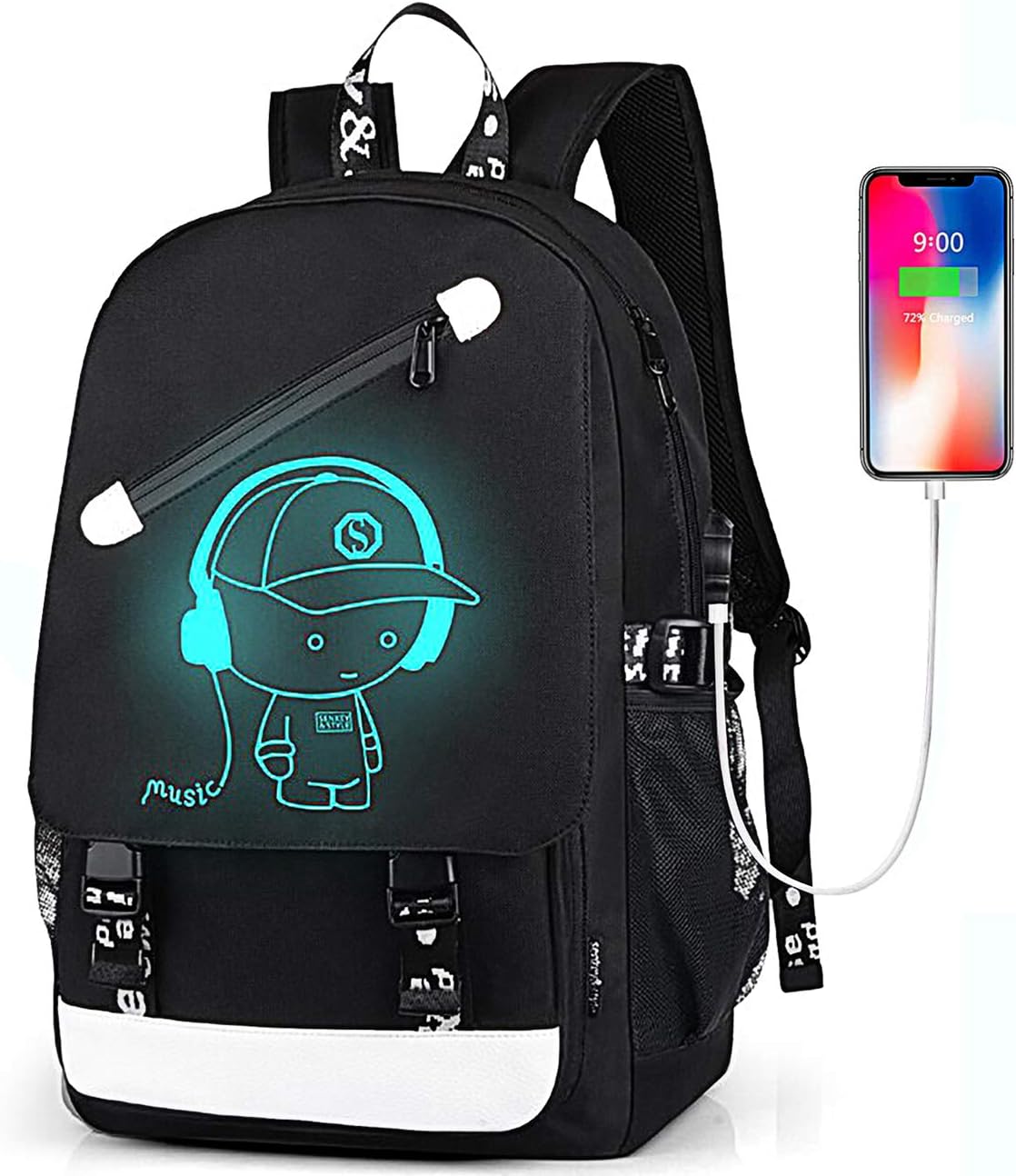 Teen Boys Backpack for Middle High School Cartoon Luminous Student Bookbag Daypack - Music Black
