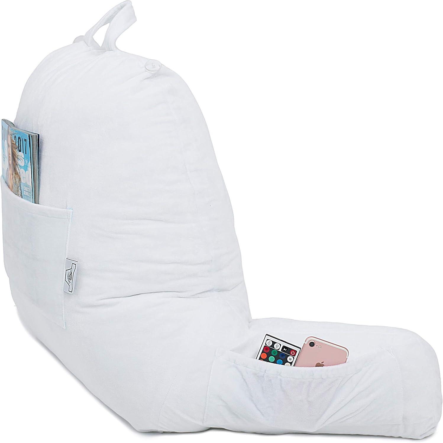 Husband Pillow - White, Big Backrest Reading Bed Rest Pillow with Arms, Plush Memory Foam Fill, Remove Neck Roll Off Bungee, Change Covers, Zipper On Shell of Bed Chair for Adjustable Loft: Home & Kitchen