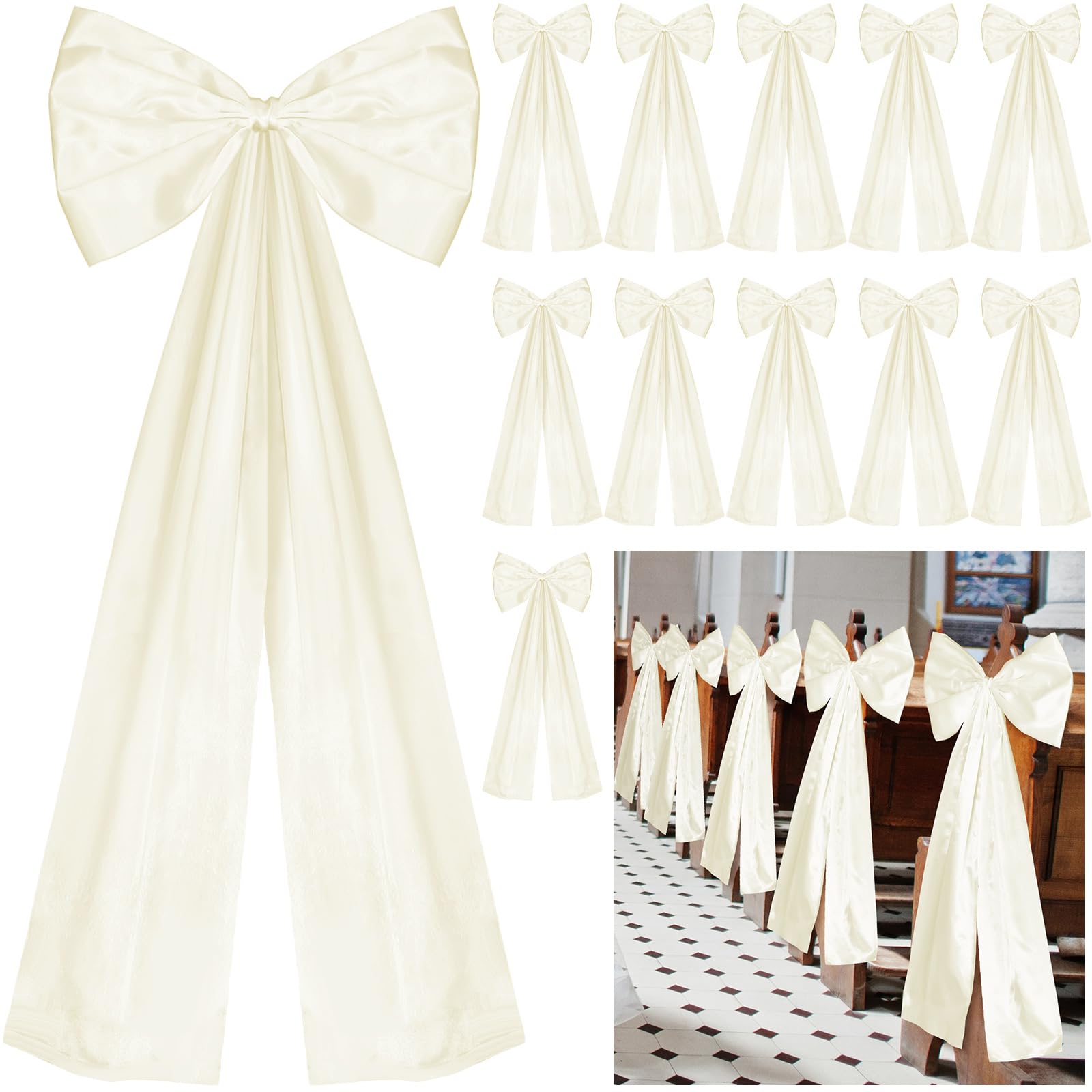 Photo 1 of Knitgrip Large Wedding Pew Bows with Long Tails 12 x 29.5 Inch Wedding Aisle Decorations Bows Satin Ribbon Background Decor for Bridal Shower Reception Ceremony(Champagne,12 Pcs)