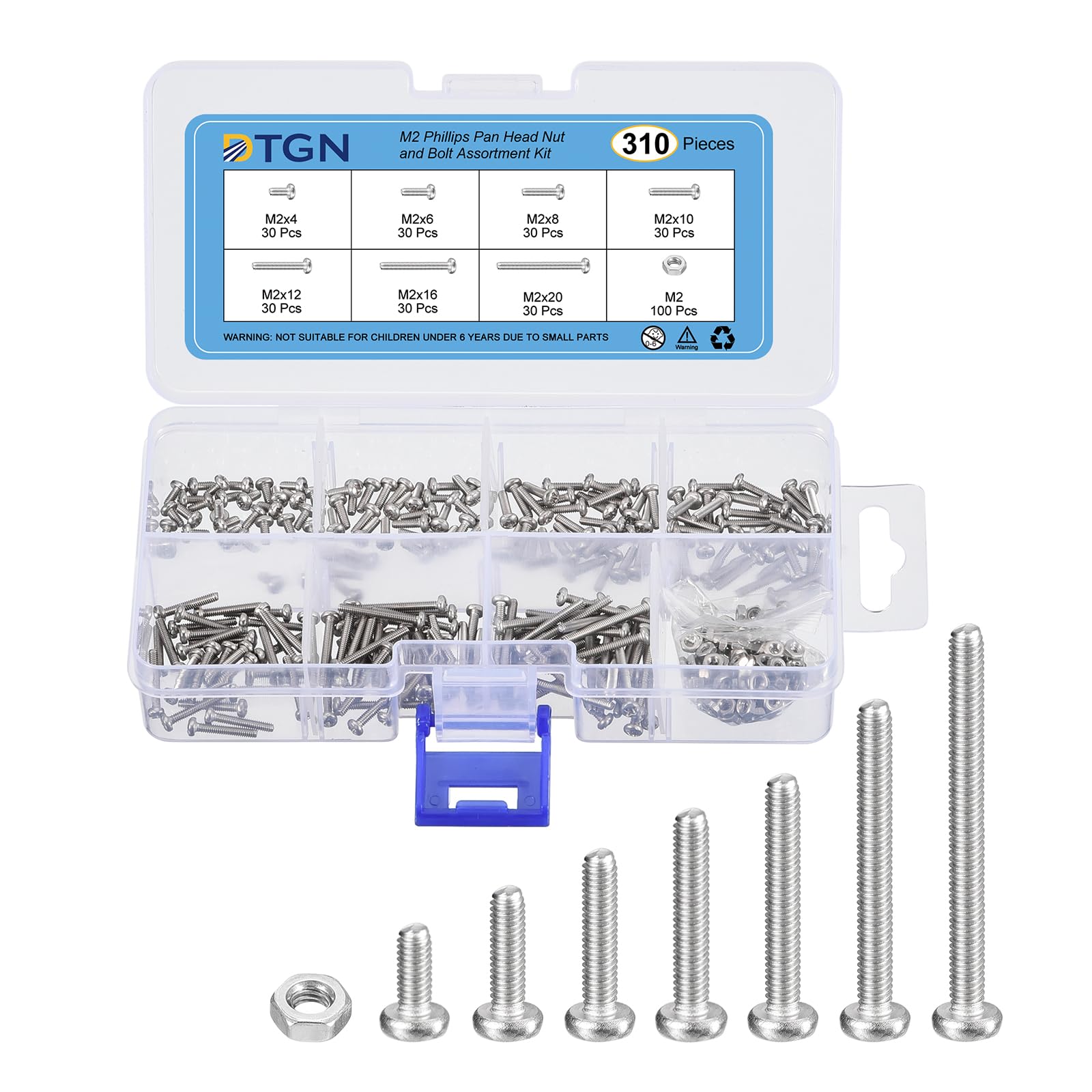 DTGN 310Pcs Machine Screws Assortment Kit, M2 Phillips Pan Head Nut and Bolt Assortment Kit, M2x4/6/8/10/12/16/20mm Metric Bolt Assortment, 304 Stainless Steel
