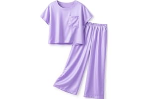 Petite&Me Silk Girls Christmas Pajamas Kids/Teens 2 Pieces Lounge Sets Short Sleeve Top & Wide-Leg Pants Soft Pjs Loungewear