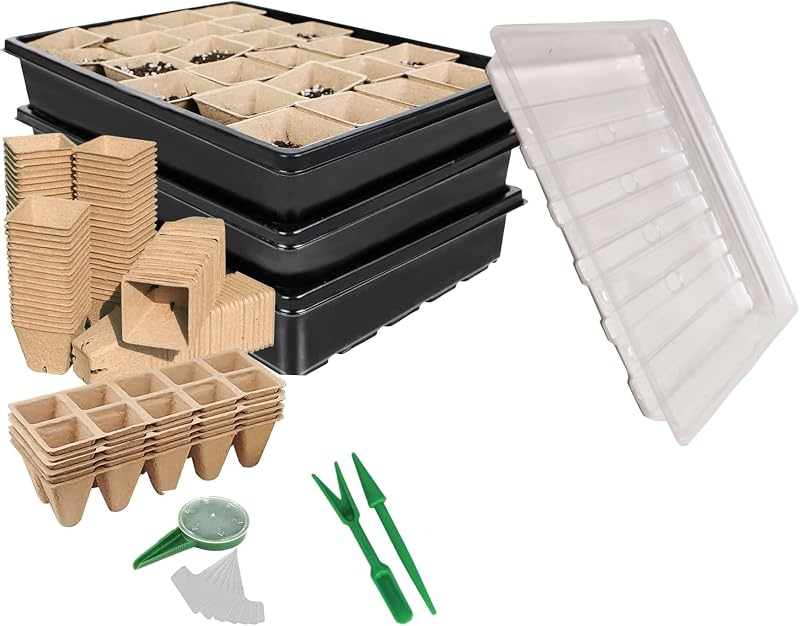 WY8 Seed Trays Starter Kit 100 Biodegradable Pots 3 Trays Crystal Lids