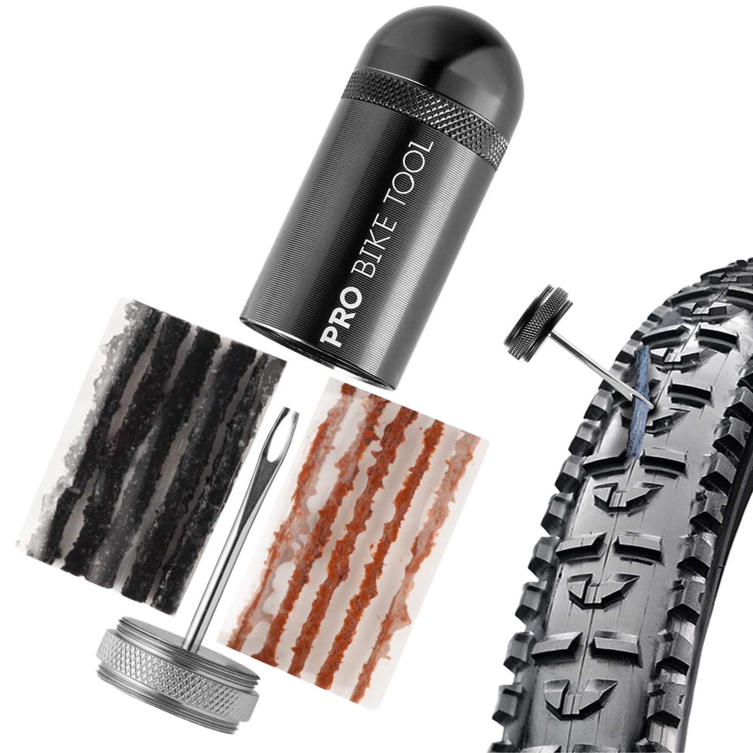 PRO BIKE TOOL Tubeless Bike Tyre Repair Kit – for MTB and Road Bicycle Tyres – Fix a Puncture or Flat, Fast – Tackle Set Includes Storage Canister, Plugger Tool and Plugs - 5 Bacon and 5 Black Strips