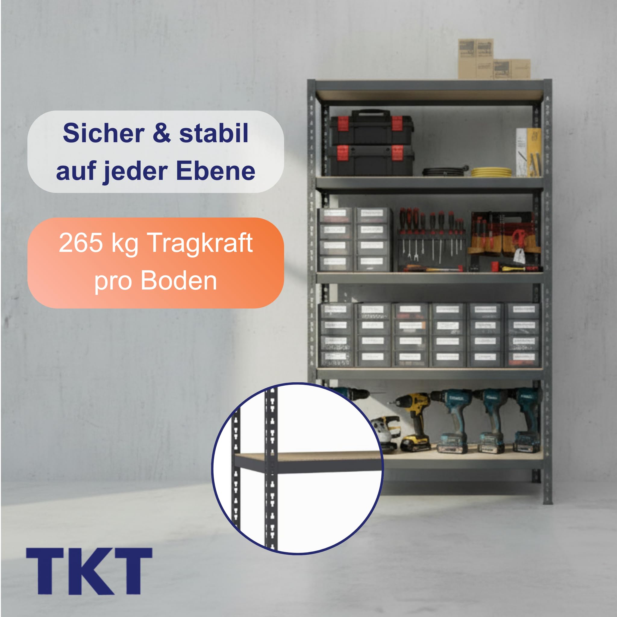 TKT – Work System Steckregal mit Holzböden & Unterzug 180x92x46cm - Regal mit 265kg Tragkraft pro Boden. Schwerlastregal mit 5 Böden für Werkstatt, Wohn- & Kellerraum. Anthrazit 2