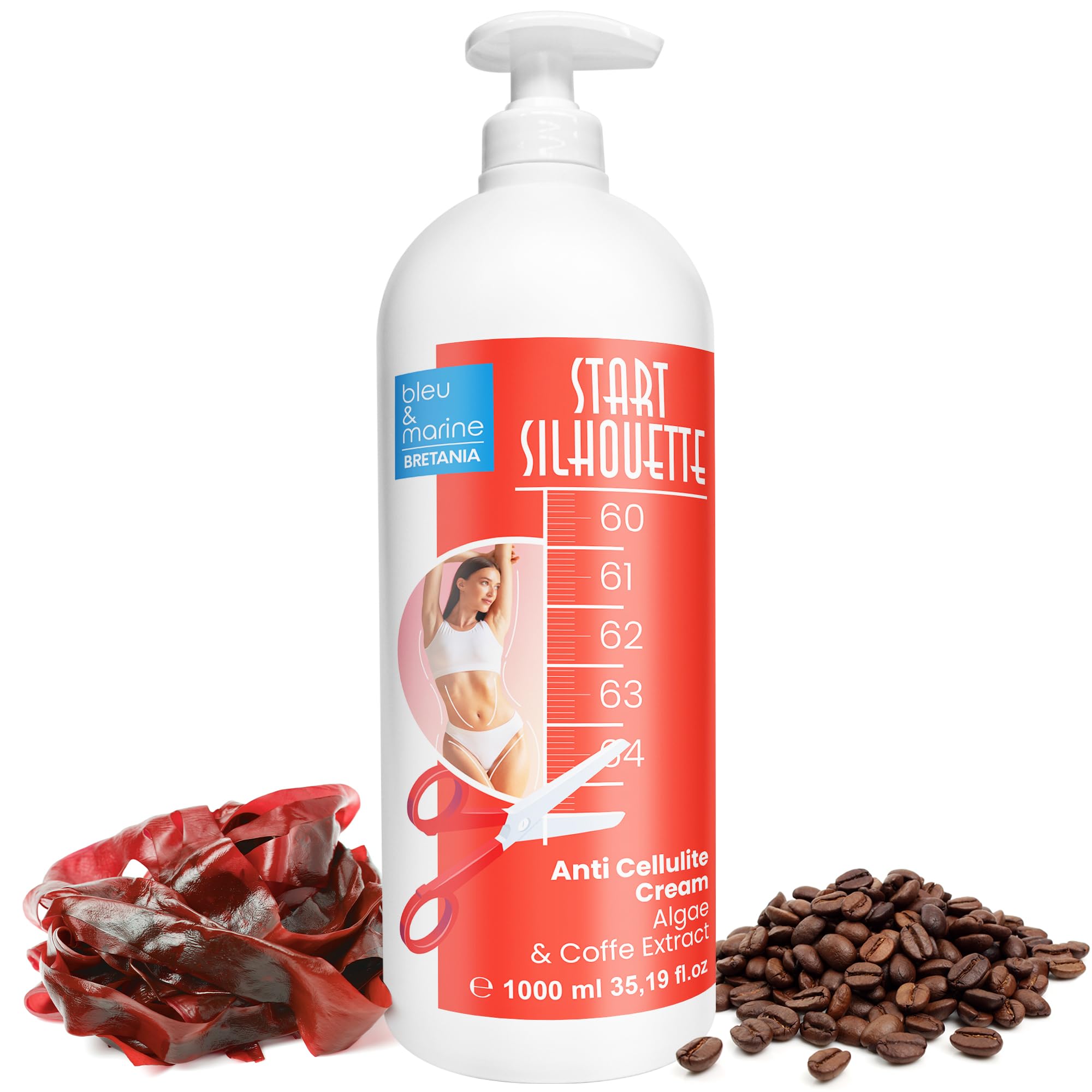 bleu & marine Bretania - Professional Strength Anti Cellulite Cream | 4in1 Formula with Caffeine & Algae | Detox Effect & Fat Burning Action | Marine Cosmetics for Healthier Skin, Ivory, 1000 ml