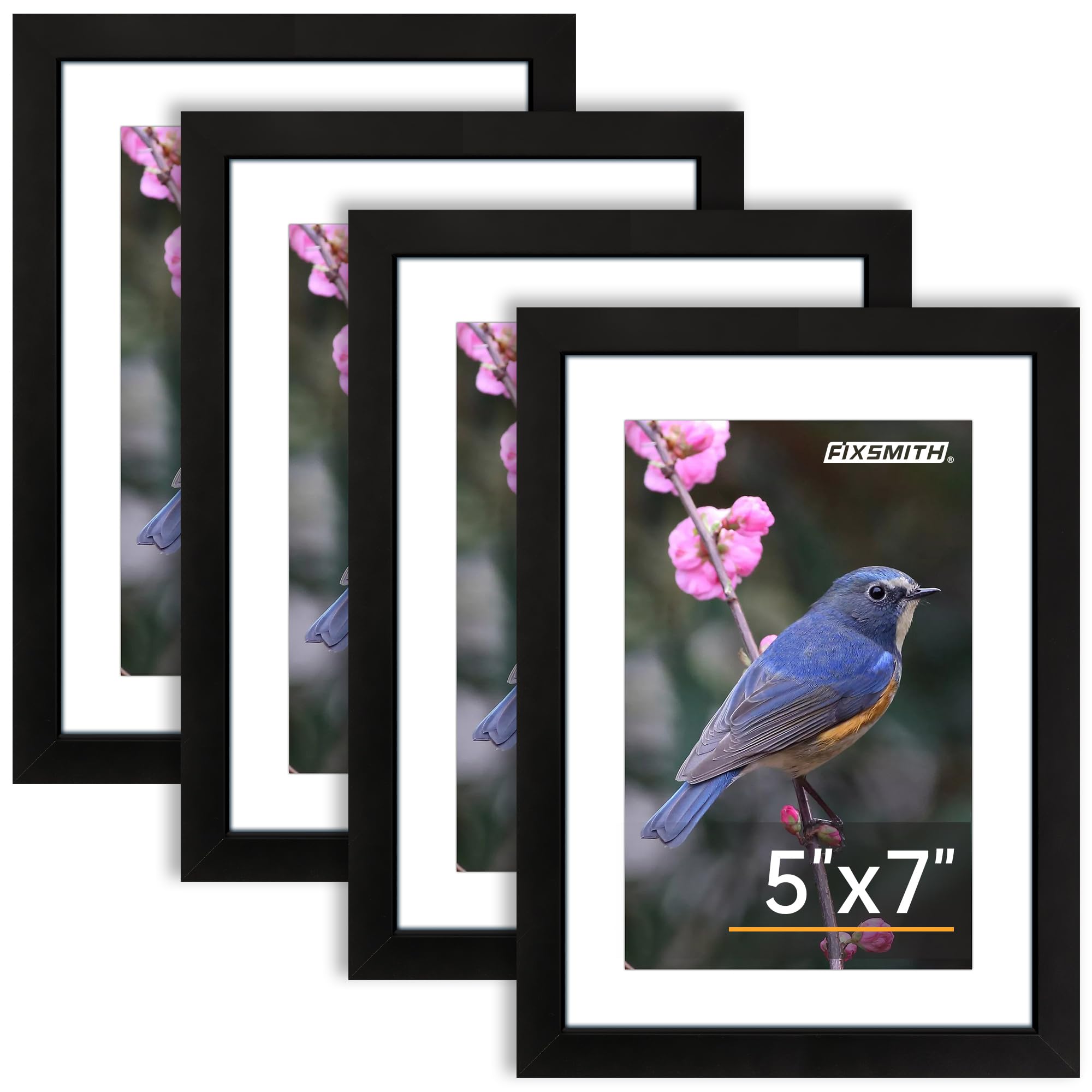 FIXSMITH 5x7 Picture Frame Set of 4, Photo Frame with HD Plexiglass, Display Pictures 4x6 with Mat or 5x7 Without Mat Multi Picture Frames Collage for Tabletop or Wall Display, Black