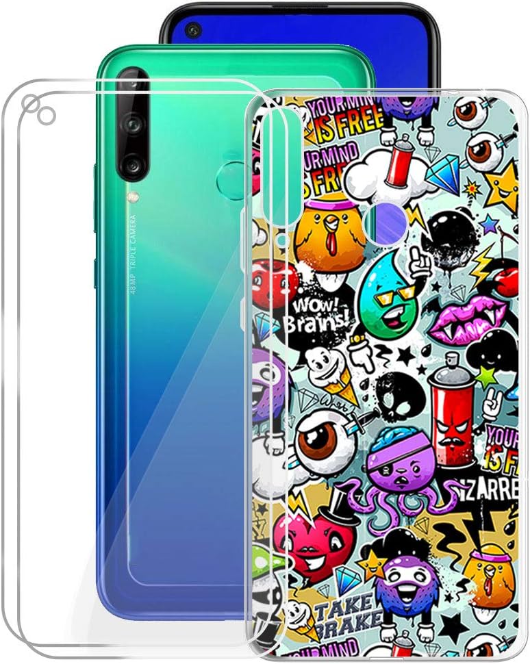 Phone Case Transparent + 2 Pieces Tempered Glass Film for Huawei Y7P (6.39 Inches), KJYF HD Screen Protector + Cover TPU Transparent Case Friendly Protective for Huawei Y7P - Cartoon