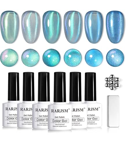 Amazon.com: RARJSM Blue Cat Eye Gel Nail Polish Set 6pcs