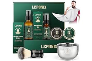LEPONIX Shaving Kit for Men, Mens Shaving Kit Include Eucalyptus & Mint Pre-Shave Oil, After Shave Balm, 2 Packs Shaving Soap, Shaving Brush and Bowl, Beard Bib, Unique Shaving Gift for Men Stocking Stuffers