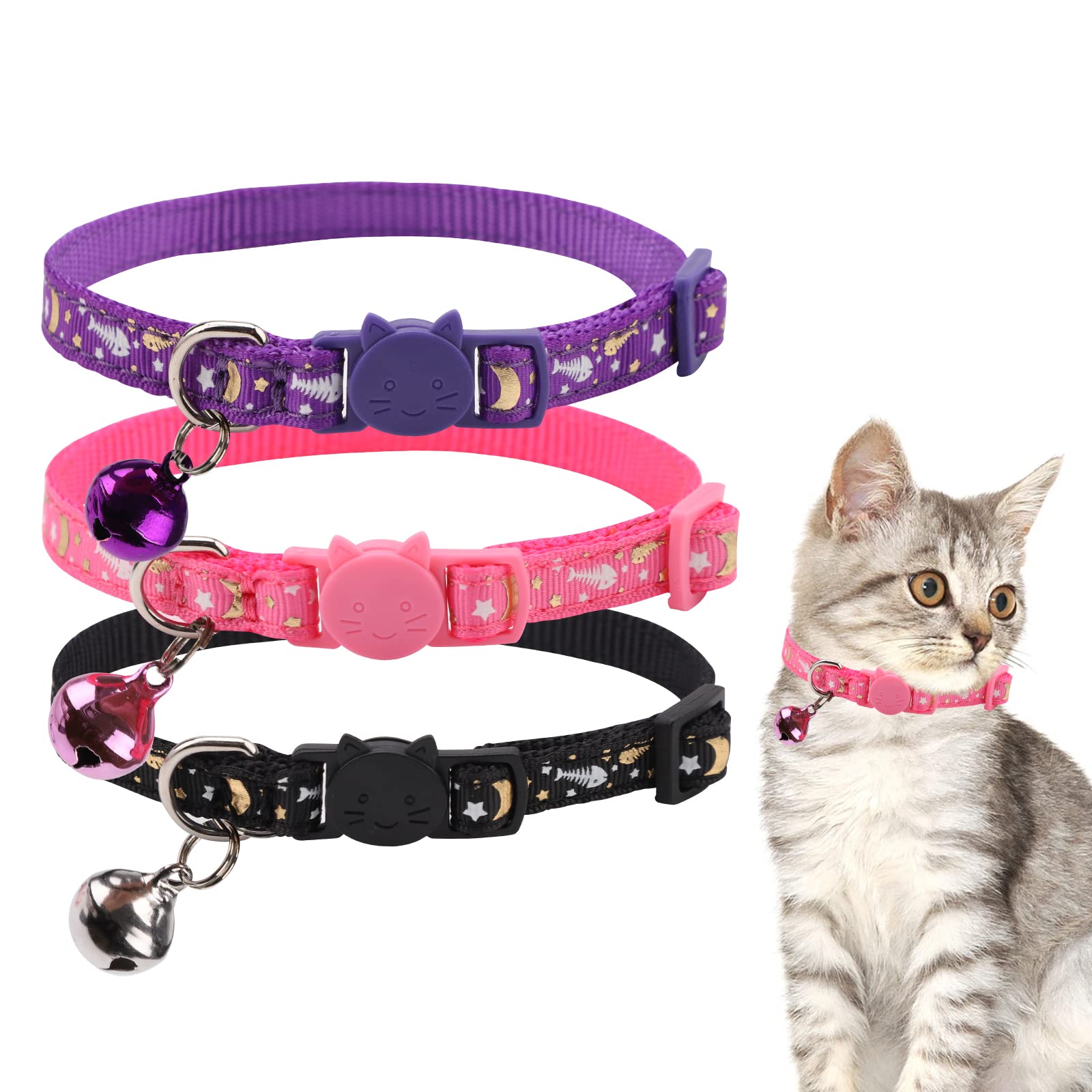 3 Pack Cat Collars with Bell,Reflective Quick Release Kitten Collars,Adjustable Girl Boy Pet Collars,Cute Cat Collar Glow in the Dark,Fit All Cats,3 Colours