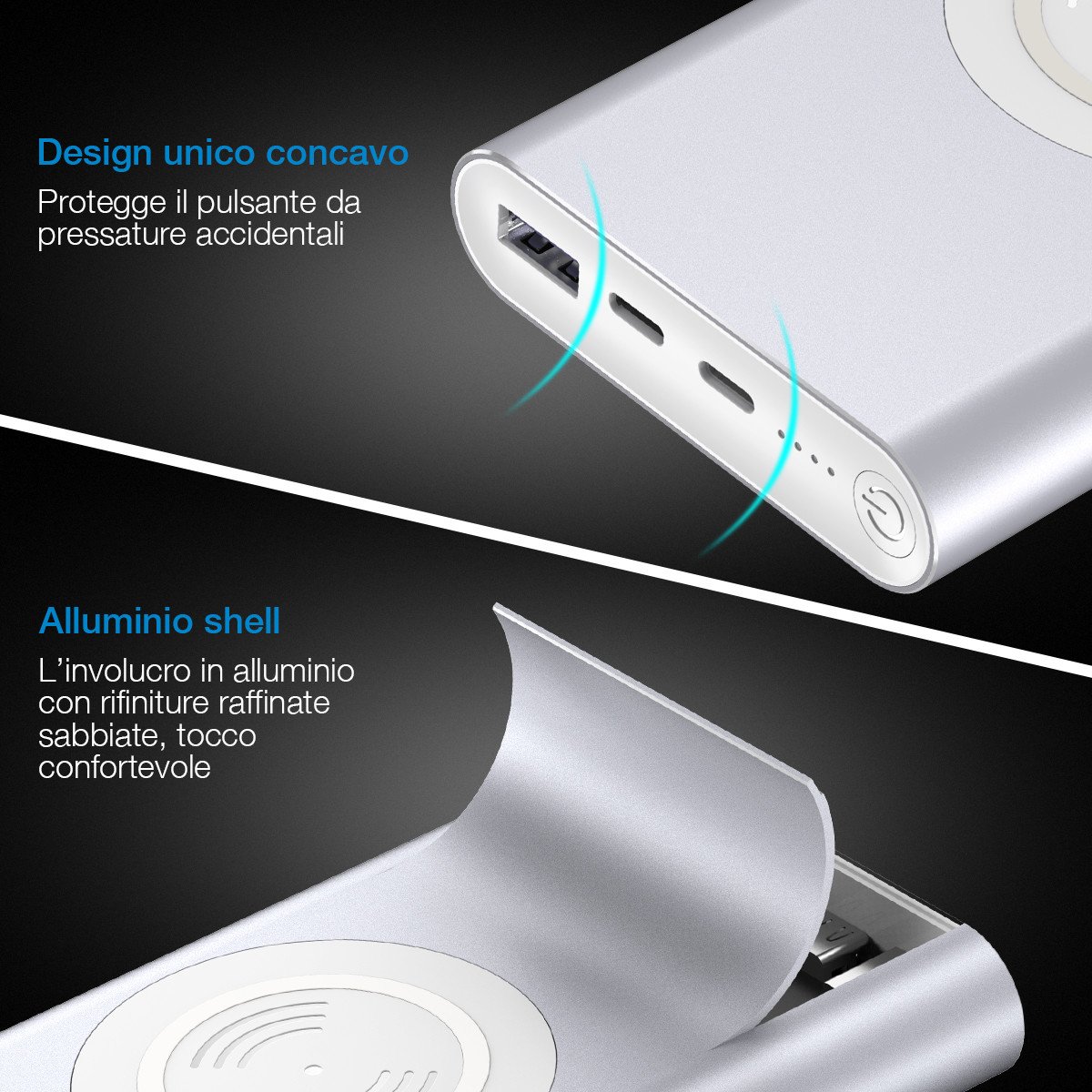 POWERADD Caricabatterie Senza Fili 10000mAh Entrata Lightning e Type-C, 2 Uscite con Ricarica Rapida da 3.4A Powerbank Wireless per iPhone X/ 8, Samsung Galaxy S9/ S8/ S7/ Note ecc. Argento