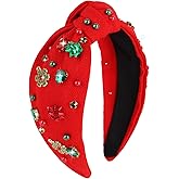 CAVETEE Red Christmas Headband for Women, Wide Top Knot Rhinestone Holiday Headband Christmas Hair Accessories for Women and Girls Festive Gifts