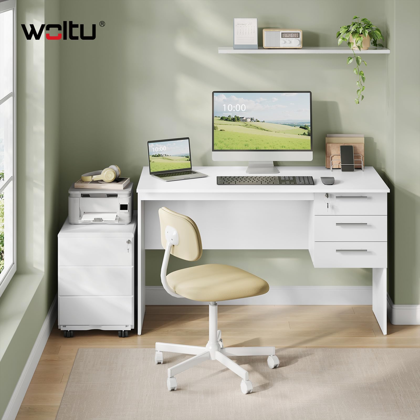 WOLTU Schreibtisch mit 3 Schubladen, Computertisch Weiß, 120x60cm Bürotisch PC Tisch, Kinder Arbeitstisch, für Arbeitszimmer Schlafzimmer Wohnzimmer 4