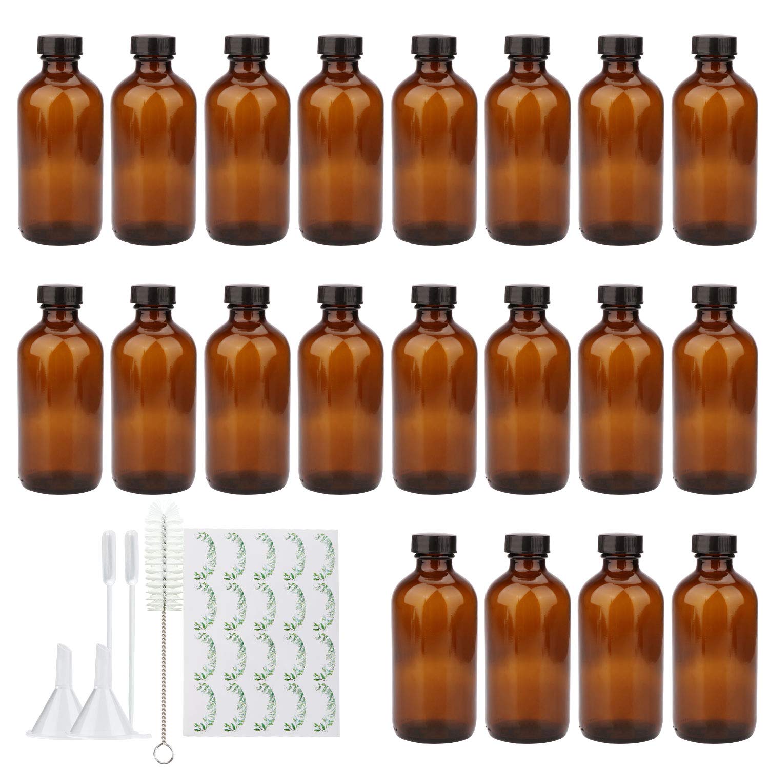 8oz Amber Glass Bottles, 20 Pack Glass Storage Bottles with Black Lids (Brown, 20 Labels, with Funnels, Droppers and Brush)